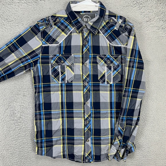 BKE Mens Button Up Shirt Large Blue Plaid Flap Pocket Long Sleeve Athletic Fit
